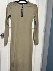 Studio Beige Ribbed Knit Round Neck Long Sleeve Bodycon Midi Dress Size M