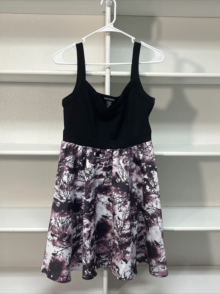 Hot Topic SM Crows Print V-Neck Fit & Flare Dress Black Purple White Goth Glam
