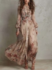 Retro Chiffon Printed Crew-Neck Long-Sleeve Pleated Waist Floral Dress++-