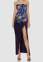 Jewel Badgley Mischka Women&rsquo;s Blue Strapless Floral Print A-Line Dress Size 8