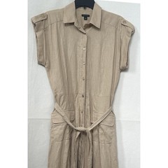 A. Taylor Minimalist Old Money Utility Safari Tan Linen Blend Midi Shirt Dress 2