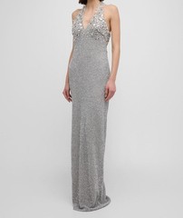 Pamella Roland Women&rsquo;s Silver Crystal Beaded Halter Gown Dress Size 6