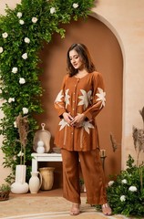 Women Cotton Flex Embroidered Co Ord Set Brown Shirt Top Wide Leg Pant Outfit