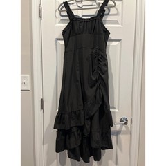 Black Ruffle Tiered Midi Dress Smocked Back High Low Asymmetrical Hem Sleeveless