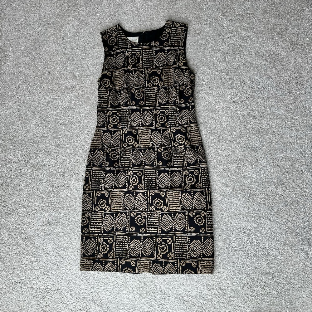 Casual Corner Geometric sleeveless Brown Gold knee-high shift dress, Silk Sz 4