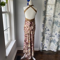 Vtg Y2K Animal Print Beaded Open Back Evening Prom Dress Maxi Gown XS Fairycore