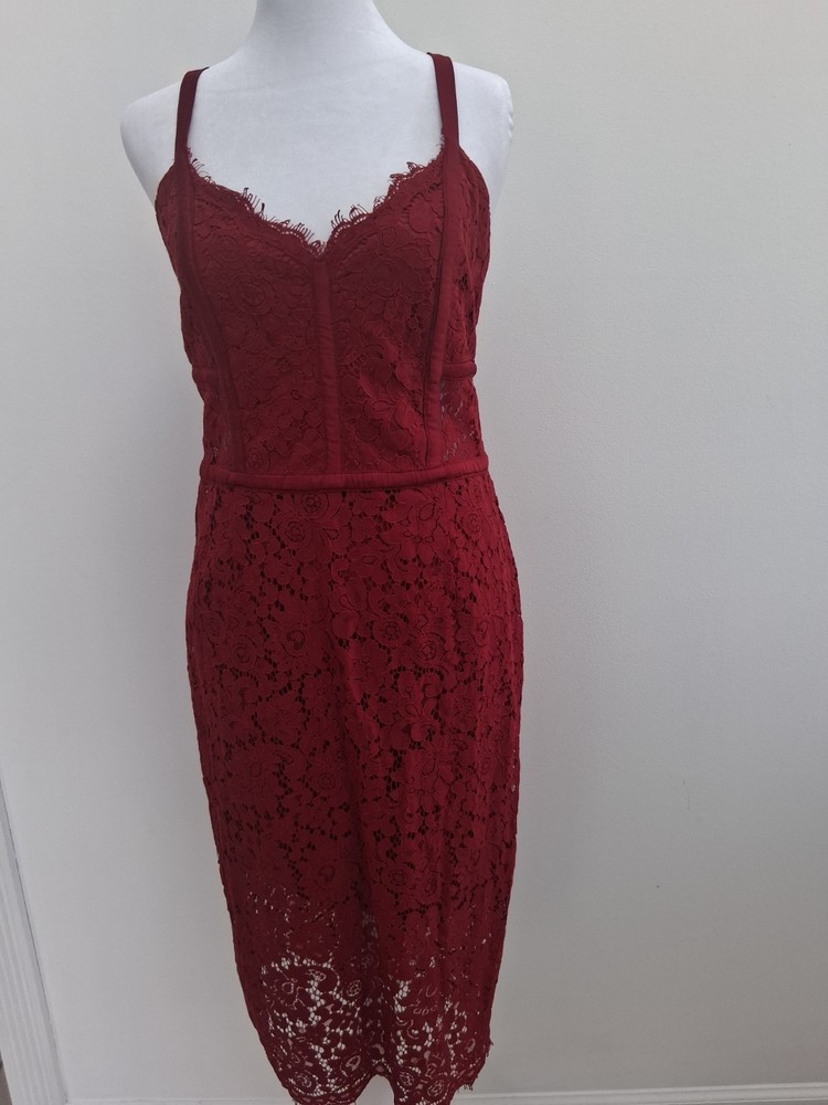 Express Ox Blood Red Lace Midi Dress Size 10 Feminine Romantic Elegant