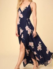Lulus Maxi Dress Loiselle Navy Blue Floral Print Polka Dot Wrap Dress Size M NWT