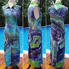Blue & Green Geode Ice Dye Tie Dye Sleeveless Button Up Collared Dress~Sz S