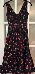 Pretty Retro Black Cherry Print Fit & Flare Midi Dress V-Neck Sleeveless Zip 10