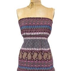 Y2K Deb Boho Paisley Smocked Mini Dress Strapless Ruffle Hem Festival Fairy Sz S