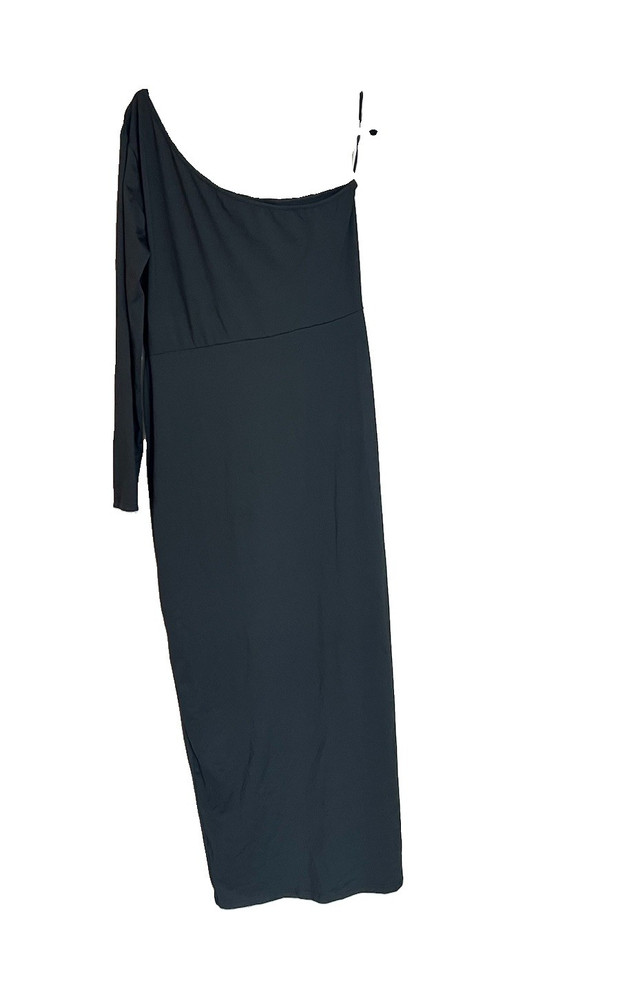 Women&rsquo;s Black Solid One Shoulder Long Sleeve Maxi Sheath Stretch Jersey L