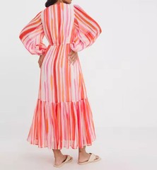 JD WILLIAMS CORAL STRIPE PRINTED CHIFFON MAXI DRESS SIZE 22 (ref R)