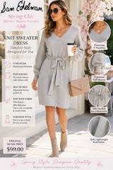 Sam Edelman Knit Sweater Dress Gray Puff Sleeve Belted NWT Size L Minimalist