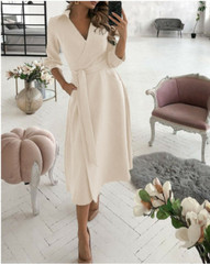 Womens Spring Summer Chic New Long-Sleeved V-Neck Print Bag Hip Fashion Dress