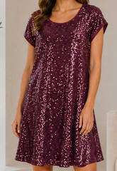 Rosette Sequin Top Women&rsquo;s L Burgundy Wine Short Sleeve Party Dress Sparkle