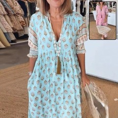 Women&rsquo;s Boho Print Maxi Dress V-Neck Lantern Sleeve Summer Beach Loose Sundress