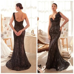 One Shoulder Mermaid Ball Gown with Sequins Prom Dress Decals Lace Evening Dress