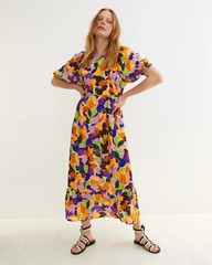 Oliver Bonas Purple Orange Abstract Petal Floral Puff Sleeve Midi Maxi Dress 10