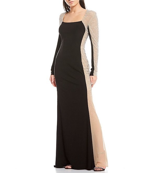 Xscape Black/Gold Rhinestone Mesh Halter Long Sleeve Gown Formal Size 4
