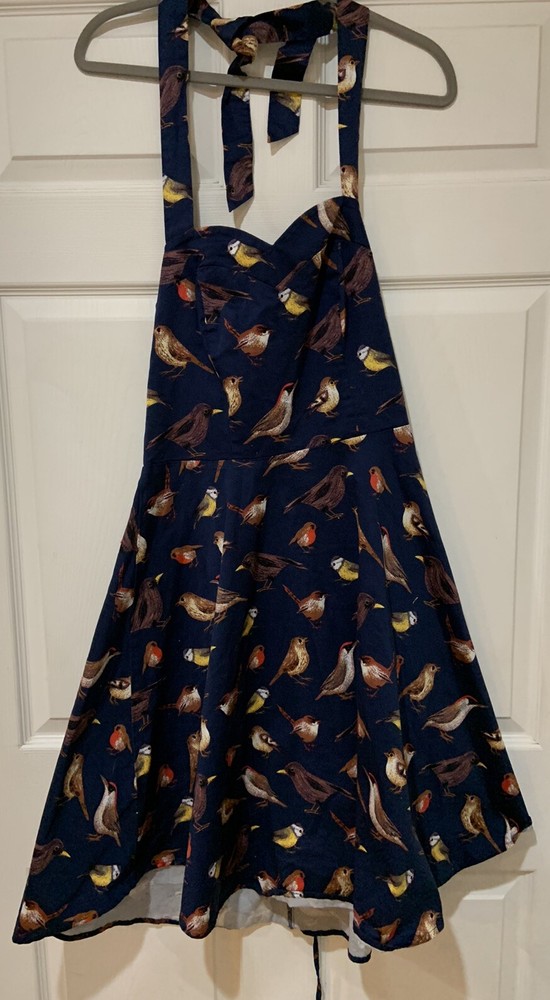 Topdress Sz XL Blue w/ Birds Halter Tie Neck , Laced Elastic Back Panel Zipper