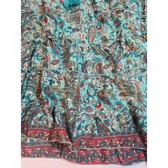 White Waves Teal Paisley Silk Blend Boho Maxi Dress L/XL Tassels Gold Foil India
