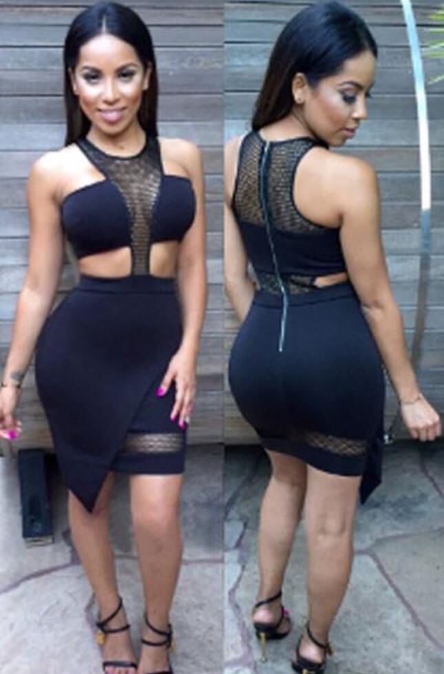 NWT Black Cutout Fishnet Inserted Asymmetrical Hem Dress M