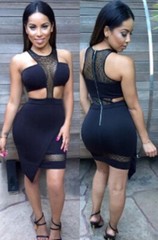 NWT Black Cutout Fishnet Inserted Asymmetrical Hem Dress M