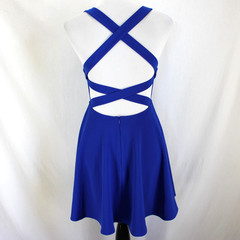 Lulus Katrina Royal Blue Strappy Backless Skater Dress Size S Ponte Knit V Neck