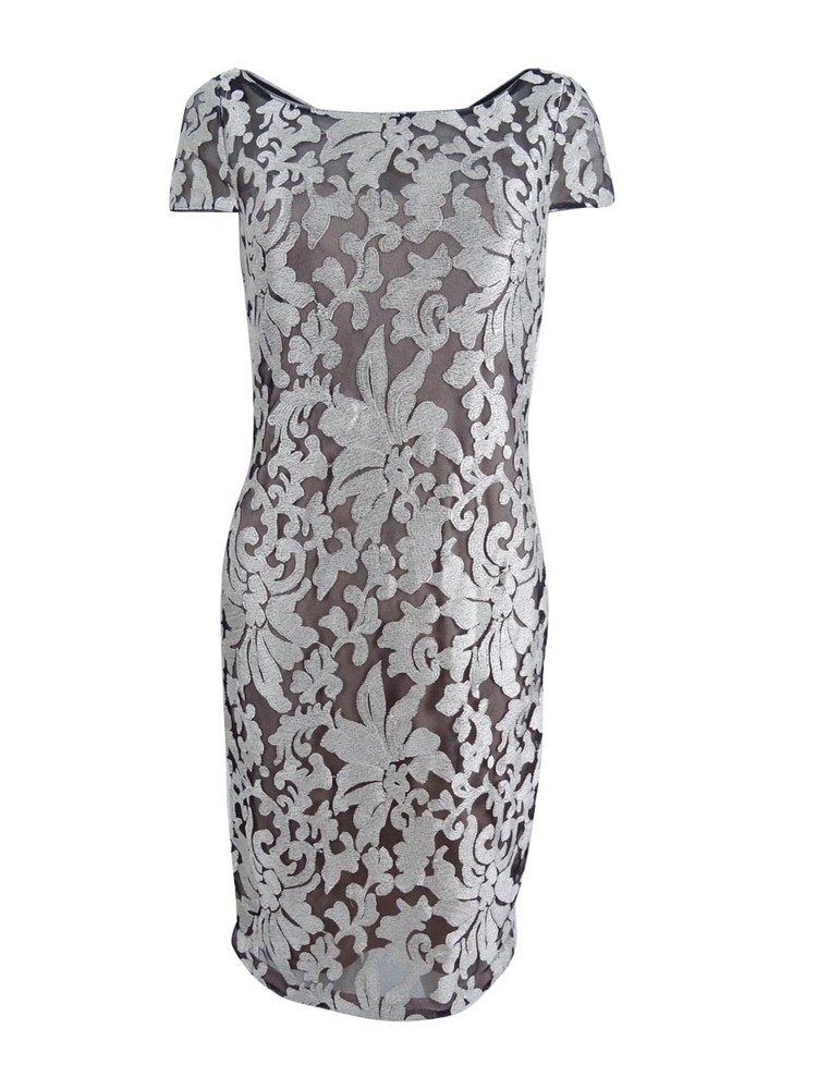 Calvin Klein Women&rsquo;s Embroidered Mesh Sheath Dress (4, Silver/Black)