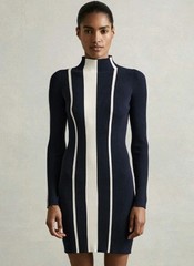 Reiss Kelli Ribbed Striped Mini Dress, Navy/Cream – Size M