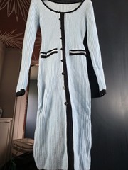Light Blue Knit Sweater Dress Button Front Black Trim Long Sleeve Midi