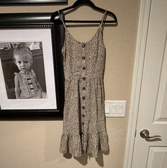 Japna XS Beige/Black Leopard Animal Print Sundress Square Neck Smocked Button