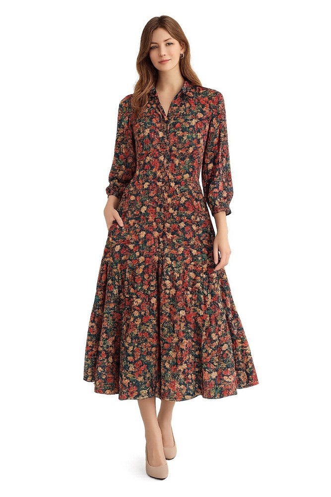 Ann Mashburn Isla Silk Shirt Dress XS Floral Button Front Midi Italy Long Sleeve