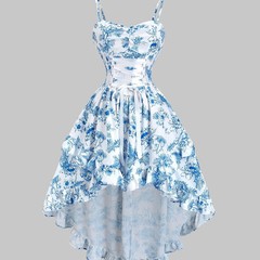 Blue white floral print spaghetti strap sweetheart neck high waisted puffy dress