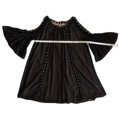 INA Cold Shoulder Bell Sleeve Crochet Mini Shift Dress Black S