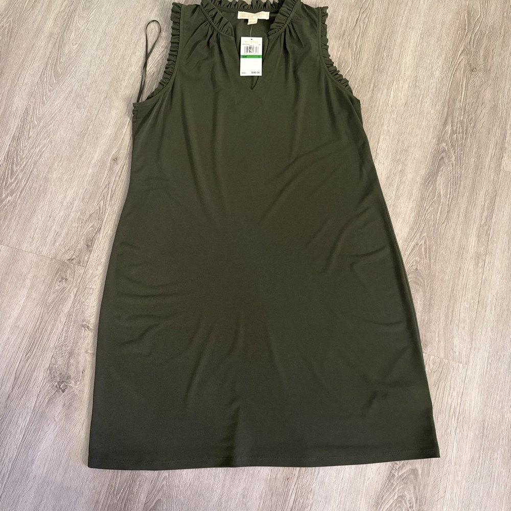 MICHAEL KORS MK Green Ruffle Trim V-Neck Matte Jersey Stretch Shift Dress L