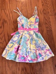 Trixxi Watercolor Floral Fit & Flare Dress Sz 3 Pink Ribbon Belt Y2K Sweetheart