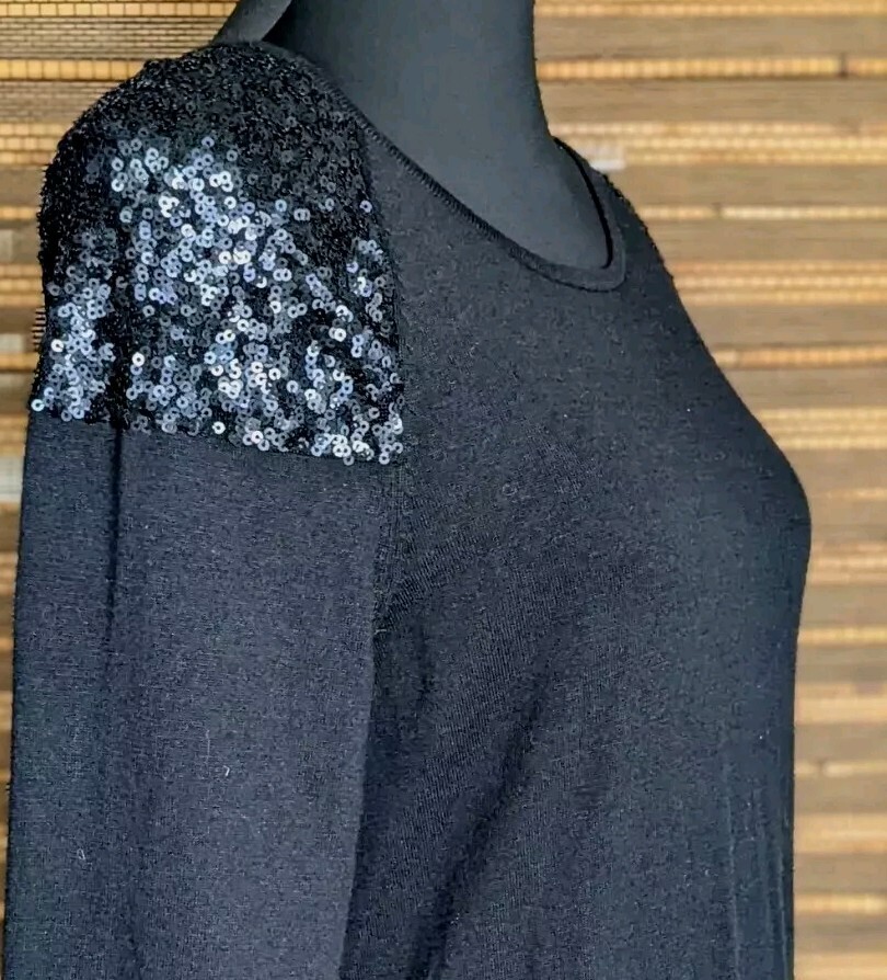 TOMMY BAHAMA Womens L Black Sequin Soft Stretch Knit Cocoon Midi Holiday Dress