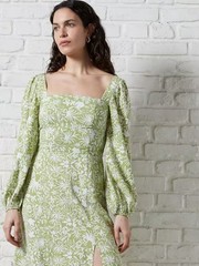 Beautiful Summer Floral Square Neck Midi Dress with slit , Kiwi Milk Size UK 12