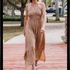 LIL BETTER crochet cottagecore boho resortwear Tan Maxi Dress M
