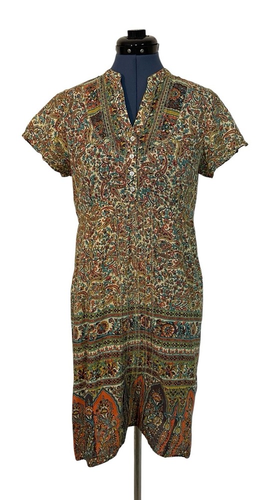 Lola Australia Paisley Moroccan Pintuck Button Peasant Prairie Shift Dress XS