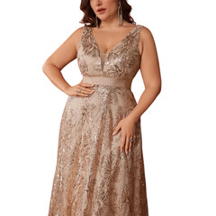 Plus Size Luxury Deep V neck Sequin Evening Dress Elegant V – back Long Formal