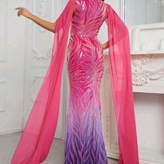 Multicolor Random Print, Cloak, Sequined, Mesh Mermaid Maxi gown