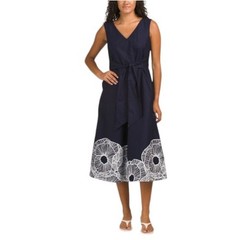 Anne Klein Sleeveless Border Print Midi Dress Womens 10 Navy & White A-Line NWT