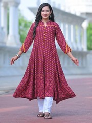 Indian Women Pink & Yellow Rayon Floral Printed Anarkali Kurta Kurti Long Dress