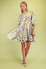Gigio by Umgee V-Neck Leopard Print 3/4 Sleeve Shirt Dress w/ Flared Skirt