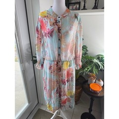 Vince Camuto Floral Button Front Midi Dress Blue XL Drawstring Waist Side Slits
