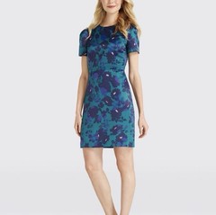 Women’s Blue Floral Sheath Dress Short Sleeve Crew Neck Short Satin Zip 8
