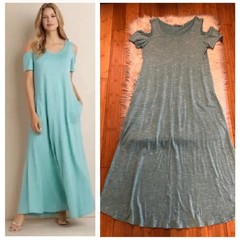 Soft Surroundings Electra Cold Shoulder Maxi Dress Knit Pockets Light Blue S